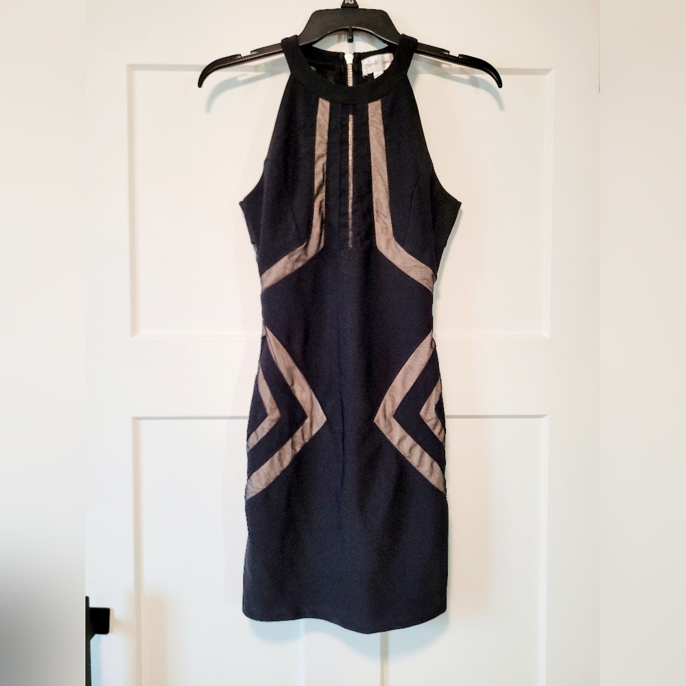Emerald Sundae Bodycon Mini Dress Sz Small Black & Taupe Geometric Cocktail